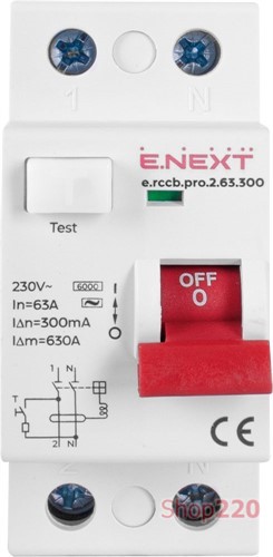 Диф. выключатель 63А, 300мА, 2 полюса, тип АС, e.rccb.pro.2.63.300 Enext - фото 108135