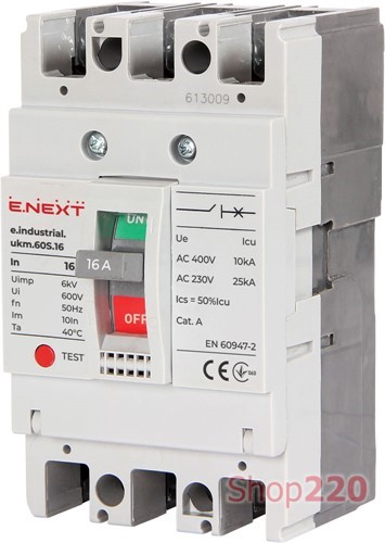 Силовой автоматический выключатель 3р, 16А, e.industrial.ukm.60S.16 Enext - фото 119581