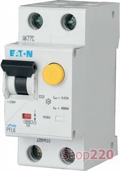 Диф. автомат 20 А, 30 мА, уставка C, PFL6-20/1N/C/003 Eaton - фото 15388