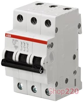Автоматический выключатель 10А, 3 полюса, уставка C, ABB SH203-C10 - фото 42971