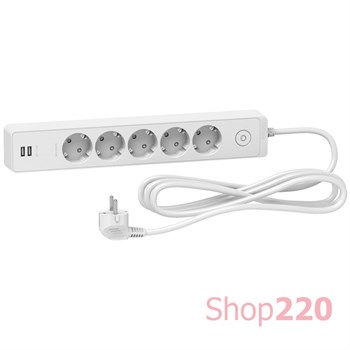 Удлинитель на 5 розеток + USB, шнур 3м, белый, Unica Extend ST945U3W Schneider - фото 50840