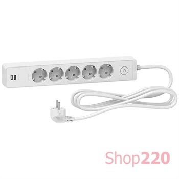 Удлинитель на 5 розеток + USB, шнур 1.5м, белый, Unica Extend ST945U1W Schneider - фото 50845