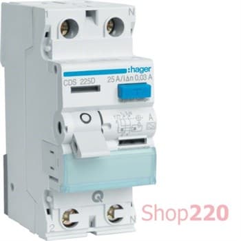 УЗО 25 А, 30 мА, тип А, 2 полюса, клеммы QuickConnect, CDS225D Hager - фото 57664