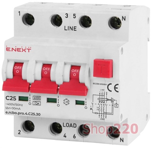 Трехфазный дифавтомат 16А, 30мА, кривая С, тип А, e.rcbo.pro.4.C16.30 Enext - фото 92400