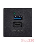 Розетка USB тип А + тип С, двойная, 2 модуля, черный, К45 Simon K126G/14