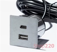 Розетка USB тип А+С в мебель, нержавеющая сталь, Versapick ASA 060.29Z.00041