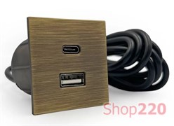 Розетка USB тип А+С в стол и мебель, состаренная бронза, Versapick ASA 060.29Z.00047